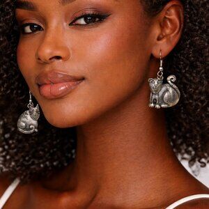 Antiqued Silver Tone Cat Dangle Earrings – Two Unique Cat Designs